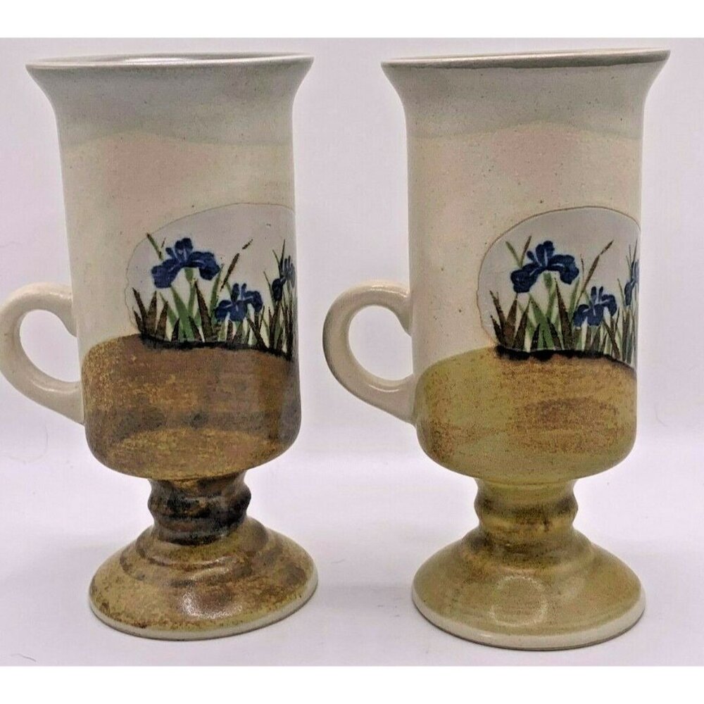 2 VTG Otagiri Tall Irish Coffee Mugs Footed with Blue/Purple Irises Stoneware - Picture 2 of 10